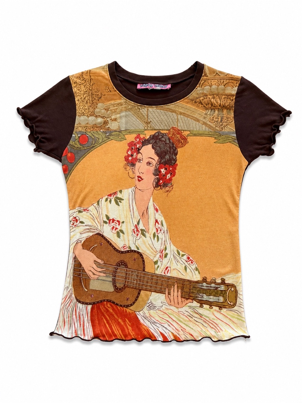 TOPSY TURVY Y2K GRAPHIC TEE WOMENS SMALL BROWN RHINESTONE GUITAR BABY TEE